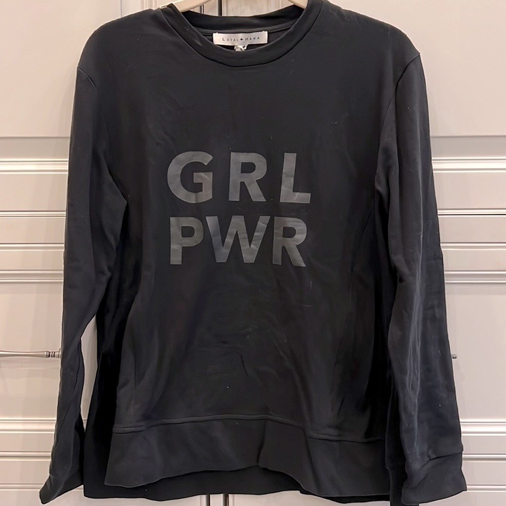 Black nursing sweatshirt with “GRL PWR” and side zippers for nursing